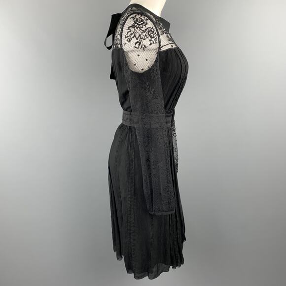PRADA Size 10 Black Pleated Silk Lace Top Long Sleeve Cocktail Dress - Picture 5 of 8